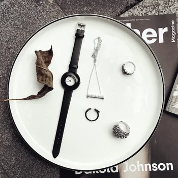 2019 Doamnelor cadou un pic de negru ceas Enmex design simplu scurtă din piele neagră față de placare cuarț moda ceas de mână