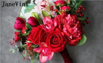 JaneVini Stil Chinezesc De Mireasa Fan Handmade Red Rose Mireasa Buchet De Mireasa Artificial Catwalk Exploatație Flori Rotunde Palatul Fani