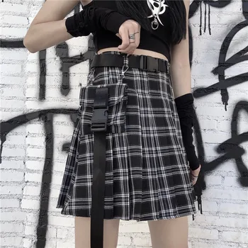 Noi Vara Gotic Fusta Plisata Femei Talie Mare Epocă Fusta Carouri Femme Cool Punk Fusta Mujer Cu Sac De Curea
