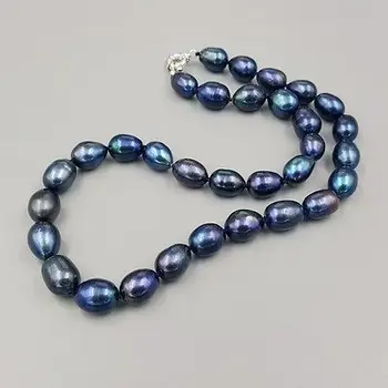 Noul 9-10mm baroc tahitian negru Culoare albastru de apă Dulce colier de perle de 18