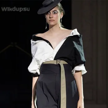 2021 Noua Pistă de Moda Designer de Femei Bumbac Negru alb V Gât Scurt Maneca Tricou Bluza de Sus Haine de Brand de Lux de Designer