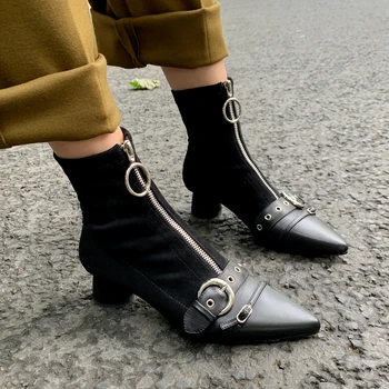 2020 Toamna iarna nou vintage din piele elastic gros de mijloc și single boot skinny boot ascutit toc gros de sex feminin boot X490