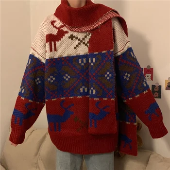 Pulover Retro Crăciun pulover femei + esarfa două buc set