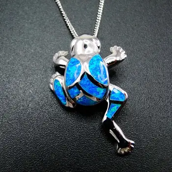 Beautiful 925 Sterling Silver Blue Fire Opal Frog Women's Pendant Necklace For Gift