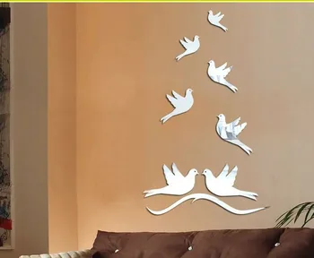 Transport gratuit 3D pasăre oglindă de perete autocolant pentru living dormitor bucatarie TV suport decor , 7pcs pe set