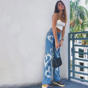 2020 Nouă Femei De Moda De Înaltă Talie Subțire Place Graffiti Imprimare Direct Casual Street Style Blugi Largi Epocă Streetwear Pantaloni