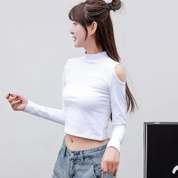 Tricou Femei De Pe Umăr Tricou Sexy Cu Maneci Lungi Gât O Cauzalitate Culoare Solidă Slim Coreean Topuri Noi