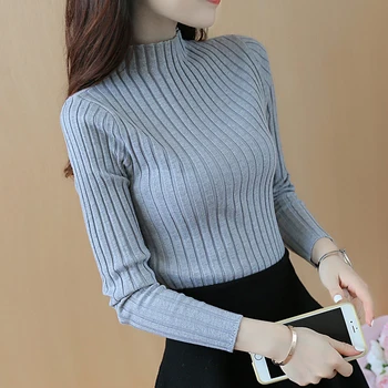 2020 Nou coreean Scurt semi Guler Tricou femei lungă cu mâneci pulover Pulover slim slim îngroșare