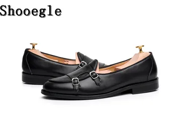 SHOOEGLE Bărbați Vintage Pantofi Casual Double Monk Strap Buckle Mocasini din Piele Neagră Petrecere de Nunta de Înaltă Calitate, Pantofi Rochie Om
