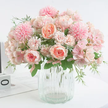 Rose Pink Silk Rose FlowerArtificial Buchet de Flori 5 Cap Mare și 4 Bud Fals Ieftin Flori pentru Acasă Decorare Nunta de interior
