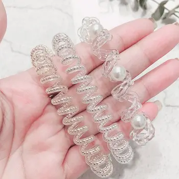 Coreeană Minimalist Femei Spirală Legături De Păr Metalic De Aur, Argint Sârmă De Telefon Coada De Cal Titularul Faux Perle Margele De Plastic Bobina Coarda