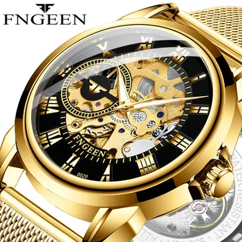 Aur pentru Bărbați din Oțel Inoxidabil Ceas de Lux de Afaceri de sex Masculin Bărbați Impermeabil Ceas de mână Mecanice Plasă de Oțel Band Schelet Ceas