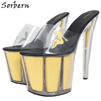 Sorbern Sclipici Femei Papuci PVC Transparent de 8 Inch Tocuri Alunecare Pe Pantofi de Vara Platforma de Diapozitive Doamnelor Pantofi Femei Dimensiunea 10