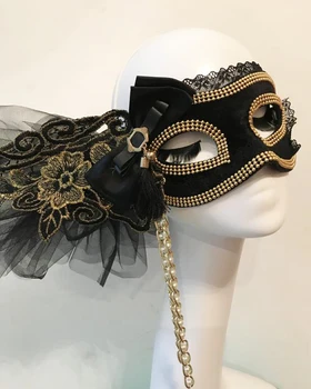 Black Sparkle Venețian Petrecere Mascarada Burlesc Masca Dantela Broda Lanț Măști De Cosplay