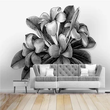 3D personalizat de mână-pictat în alb și negru tapet de fundal de flori de plante murală