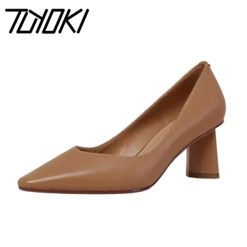 Tuyoki Real Din Piele Femei Pompe De Deget De La Picior Pătrat Alunecare Pe Pantofi Superficial Toc Gros De Culoare Solidă Doamnelor Încălțăminte Mărimea 34-39