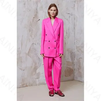 Personalizate de moda noua femei femei pe două rânduri roz costum din două piese (sacou + pantaloni) de femei de afaceri costum formal