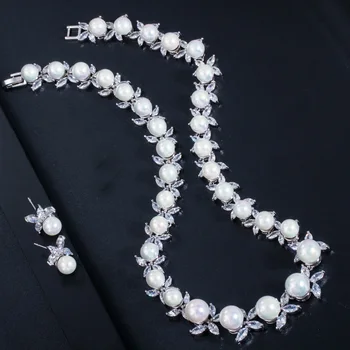 Pera Clasic Marquise Cut Cubic Zirconia Rotund Frunze Pearl Cercei și Coliere pentru Femei Nuntă Custume de Bijuterii Seturi de J280