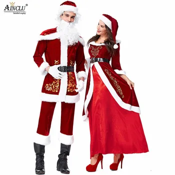 Adult Costum De Moș Crăciun Costum De Pluș Tatăl Haine De Lux De Crăciun Cosplay Elemente De Recuzită Pentru Bărbați Mantou Pentru Femei Pantaloni, Mănuși, Centură Pălărie De Crăciun Set