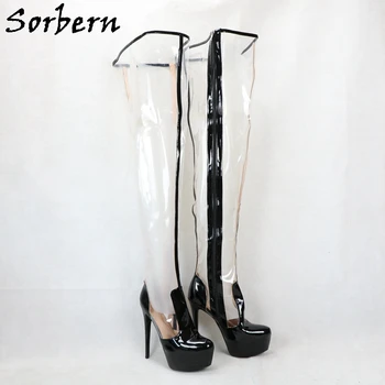 Sorbern Sexy Pvc Transparent Femei Cizme Cu Toc Platforma Negru Pantofi Stilettos La Mijlocul Coapsei Mare Zip Up De Dimensiuni Mari 15 De Culori Personalizate