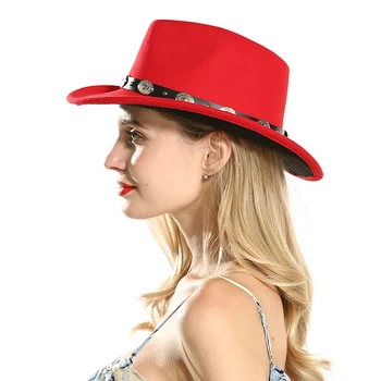 Unisex Margine Largă Negru Rosu Mozaic Lână Simțit Trilby Cowboy Vest Jazz Pălării Fedora pentru Femei, Bărbați Simplu Fascinator Pălării de Partid