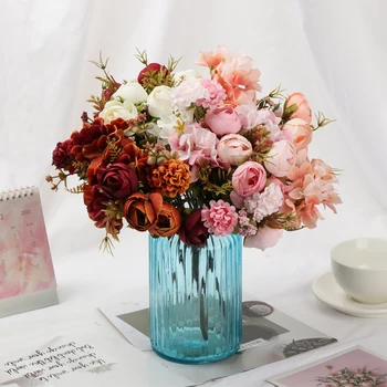 12 capete de Trandafir Artificiale Flori Hortensie Hibrid Buchet de Mătase Fals Flori Decor de Toamnă DIY Home Garden Decor Nunta