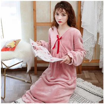 Camasa de noapte de iarnă flanel cu mânecă lungă cămașă de noapte de toamna-coreean pierde V-gât rochie sexy pentru a păstra cald sleepwear pijamas femei nou