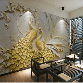 Relief 3D păun de aur imagini de fundal de fundal pictura murala de perete tapet pentru pereți 3 d pentru camera de zi