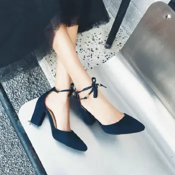 2019 noi de Vara Sandale de Acoperire a Subliniat Toe Femei Toc Gros Pantofi femei modele Doamnelor Birou, Pantofi de Mireasa Dantelă-up Elegant
