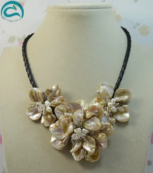 Perle unice Magazin de bijuterii Uimitoare Alb Natural de apă Dulce Pearl Crystal Shell Flori Colier Negru Coarda Femei Bijuterii