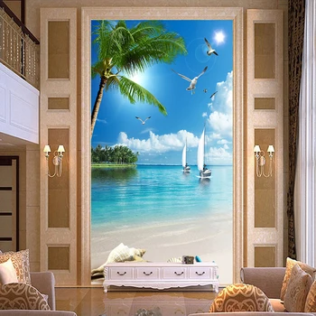 Tapet personalizat picturi Murale 3D Plaja Pescăruș Copaci de nucă de Cocos Barcă cu pânze Vedere la Mare pictură Murală Intrarea Coridorului de Fundal Fotografie Tapet