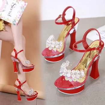 Shuzumiao de Cristal Femei Pantofi Sandale cu Tocuri foarte inalte, 14cm Femeie Platforma sandale Copita Tocuri Curea Cataramă Pantofi de Nunta de sex Feminin