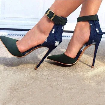Femei Sexy Armata Verde Uzură Denim Pânză Patch-uri de Sandale de Curea Glezna Subliniat in picioare de sex Feminin Stiletto, Sandale cu Toc Înalt Pantofi