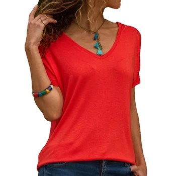 Plus Dimensiune Casual Culoare Solidă de Vara Femei Top Short Sleeve V Neck T-Shirt