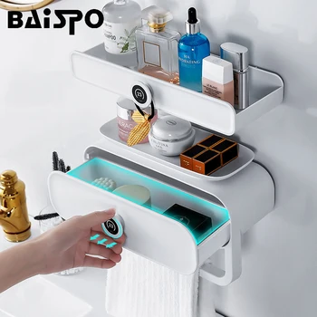 BAISPO Organizator de Baie Raft de Depozitare Cu suport Prosop Toaletă Multifunctional Sampon de Depozitare Raft de Perete Accesorii de Baie