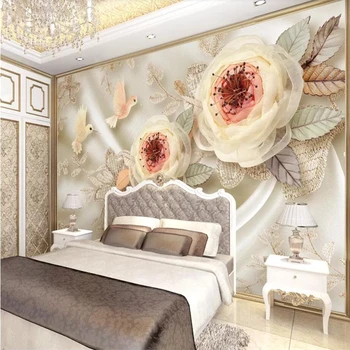 Beibehang 3d tapet, picturi murale personalizat camera de zi dormitor de lux, sala de nunta flori de matase pasăre dantela 3d pictură murală