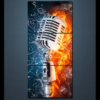 Arta de perete Imagini HD Tipărite Living Decor Acasă 3 Piese Microfon Apă de Incendiu Artistice, Tablouri Canvas Muzica Rock Postere