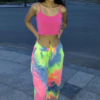Neon tie dye joggeri înaltă talie pantaloni largi lungi femei pantaloni de trening pantaloni largi de Vară 2020 streetwear haine
