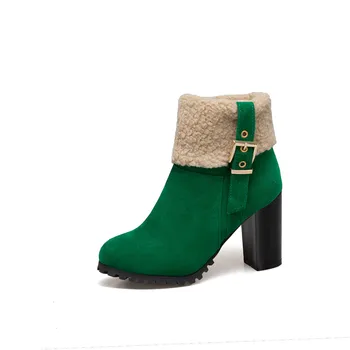 Moda piele de Căprioară de Înaltă Tocuri Cald Blana Cizme de Zapada Cataramă de Curea Design Verde Negru Glezna Cizme pentru Femei Pantofi de zi cu Zi de Iarnă