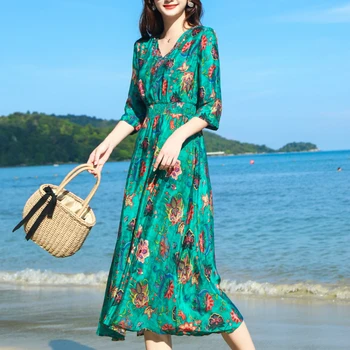 Tcyeek Rochie Lunga de Vara Femei de Mătase Elegantă Rochie de Partid Plajă Subțire Rochii Vintage Rochii de Imprimare Florale Vestidos Verano LWL1536