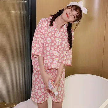 Tânăra 2 BUC Roz Set de Pijama Largi Guler de Turn-down Shirt și pantaloni Scurți, Pijamale Casual Șifon Pijama Dulce Daisy Print Uzura Acasă