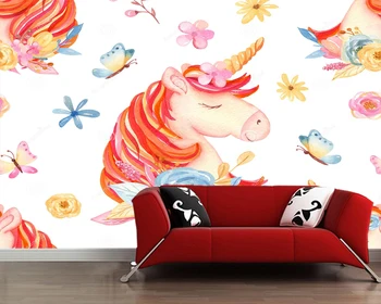 Personalizat papel de parede infantil,Acuarelă, desen animat dragut romantic unicorn și flori pentru dormitor, canapea fundal decor de hârtie