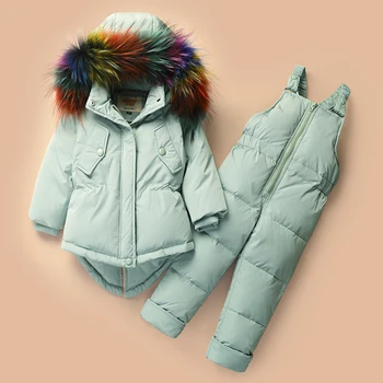Moda Iarna Copii snowsuit două bucata set racoon blană cu glugă haina de iarna jos haina de 90% alb rață jos copii baby boy fata