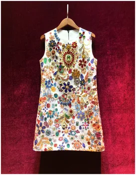 De înaltă calitate 2018 noua pistă de moda rochie de vara femei lucrate manual cu diamante ștrasuri din mărgele Baroc, vintage print slim rochie de lux noi