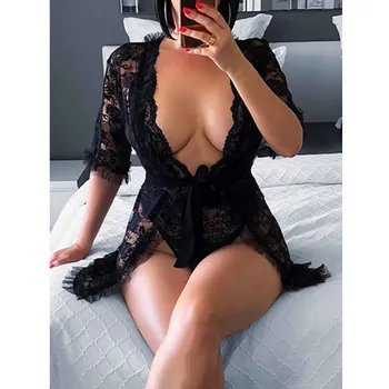 Noua Moda Femei Sexy Erotic Perspectivă Adânc V-gât Rochie de Dantelă Lenjerie de corp Negru Babydoll Sleepwear G-string