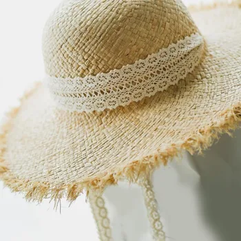 Manual Țese scrisoare Pălării de Soare Pentru Femei Panglică Neagră de Dantelă-Up de Mare Pălărie de Paie pe Plajă în aer liber de Vară Capace Chapeu Feminino