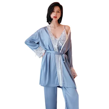 Primăvara Nou Pijamale Pijamale Albastru Dantelă 3PCS Set Halat Acasă Imbracaminte Femei, Lenjerie Intima din Satin Sexy Homewear cămașă de noapte