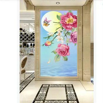 Chineză Stil Mână-pictat Flori Înflorite și Lună Plină Murală Tapet Living Restaurant Verandă, Culoar de Hârtie de Perete 3D