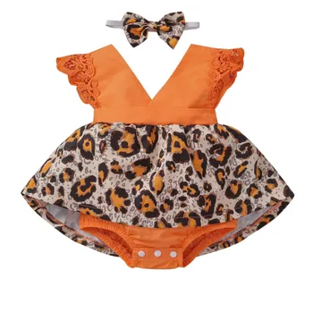 Moda De Vara Nou-Născut Babys Fete De Zbor Mâneci Cu Volane Dantela Leopard Drăguț Dresuri Romper Sac Fart Rochie Fusta + Arc Cravată De Păr Set