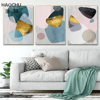 HAOCHU Nordic Poster de Arta Moderna Abstract Acuarelă Folie de Aur Roz Bloc de Culoare Albastru Panza Pictura Pentru Camera de zi Pridvor Decor